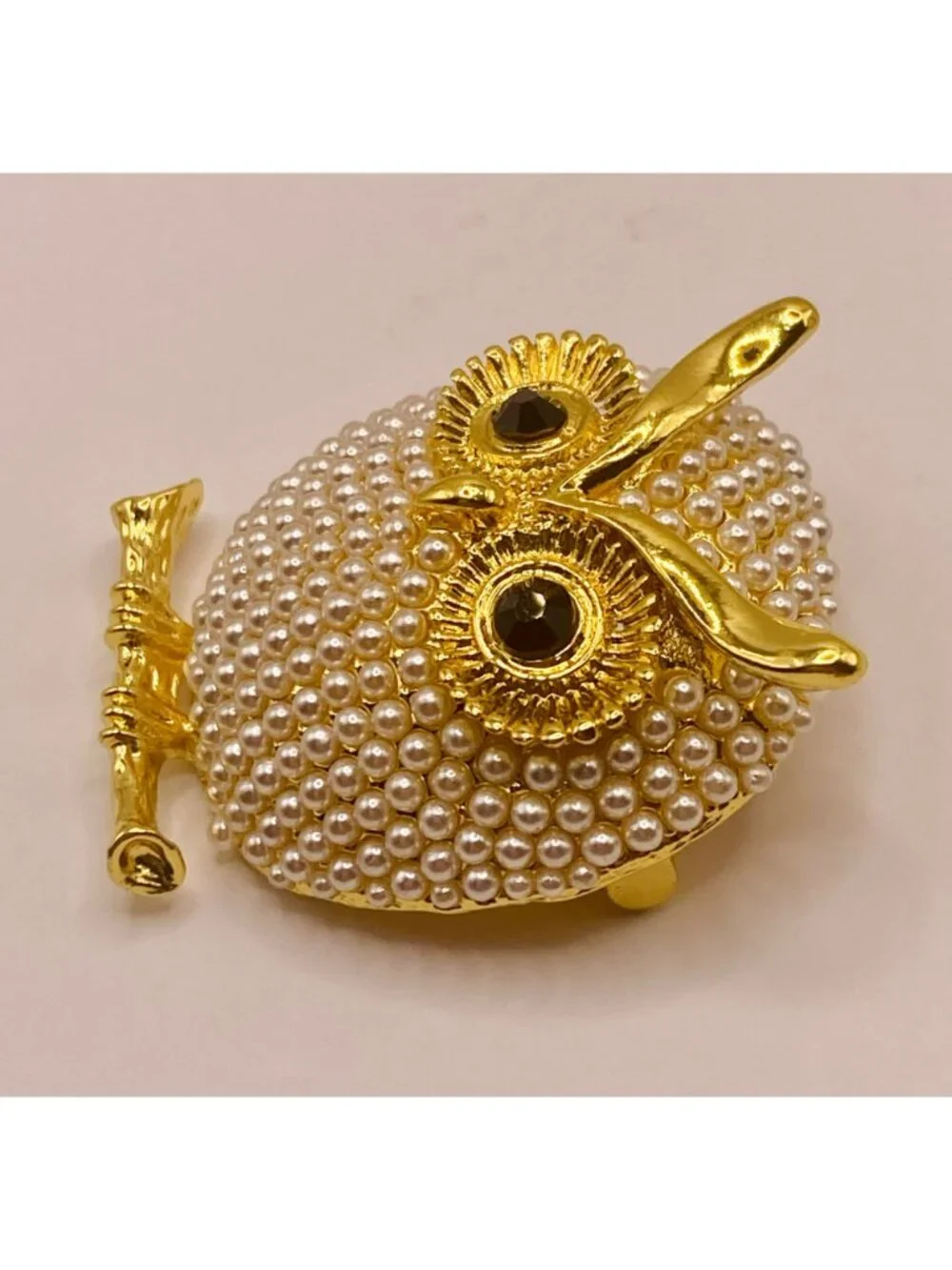 New Gold Tone Owl Brooch Faux Pearl Beads & Black Rhinestone Eyes -53B